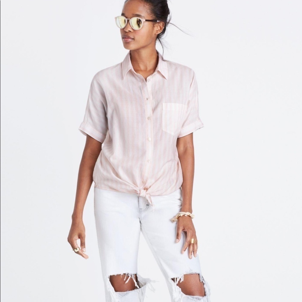 Madewell Short-sleeve Tie-front Shirt Pink Stripes
